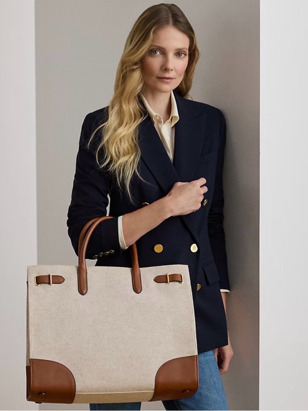 Lauren Ralph Lauren Canvas Leather Large Tote Bag Tan Brown NWT $325